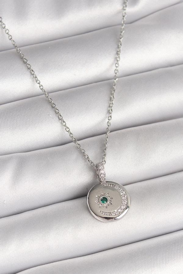 316L Çelik Gümüş Renk Zincir Madalyon Zirkon Taşlı İşlemeli Hilal Yıldız Model Kadın Kolye - Image 1