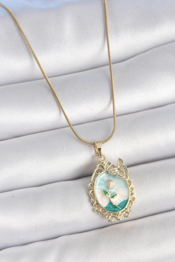 316L Çelik Gold Renk Zincir Mavi Mineli Çiçek İşlemeli Zirkon Taş Detaylı Portre Model Kadın Kolye - Image 1