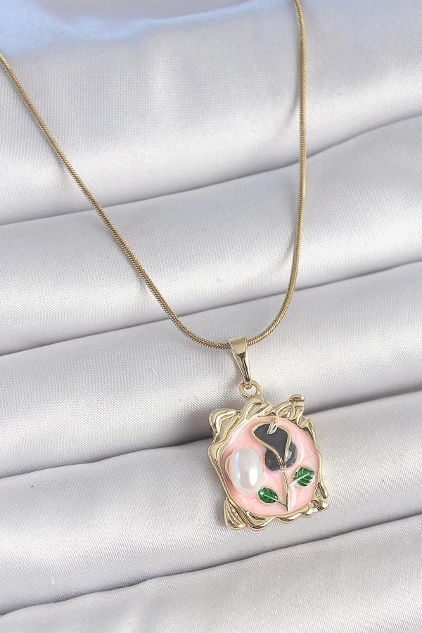 316L Çelik Gold Renk Zincir Pembe Mineli Çiçek İşlemli İnci Detay Portre Model Kadın Kolye - Image 1