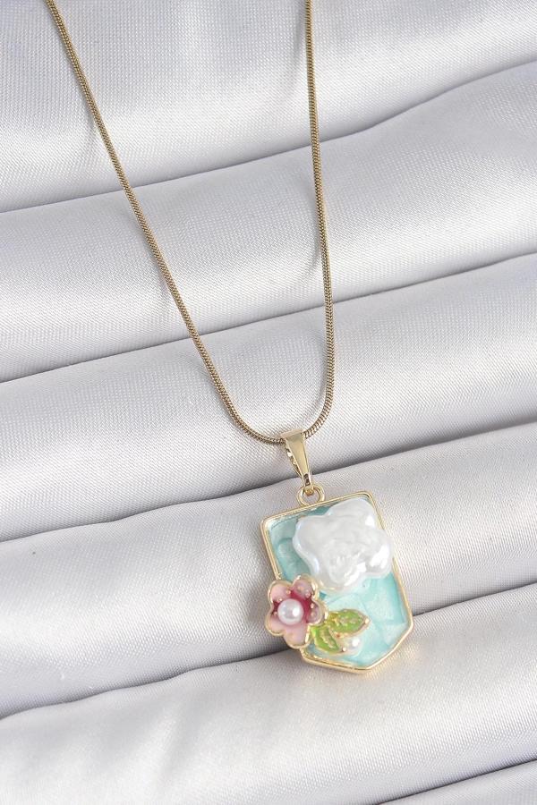 316L Çelik Gold Renk Zincir Mavi Mineli İncili Çiçek İşlemeli Portre Model Kadın Kolye - Image 1