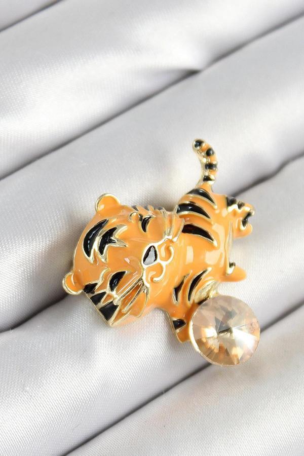 Zirkon Taşlı Siyah Çizgili Turuncu Kaplan Figürlü Gold Renk Kadın Broş - Image 1