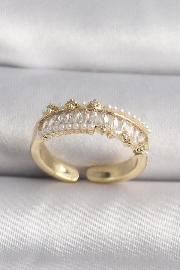 Pirinç Gold Renk Zirkon Taşlı İnci Detay VIP Seri Kadın Yüzük - Image 1