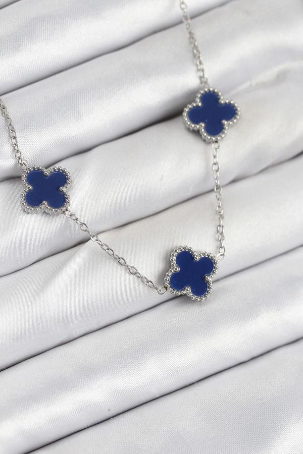 316L Çelik Zincir Gümüş Lacivert Renk Yonca Kadın Kolye - Image 1