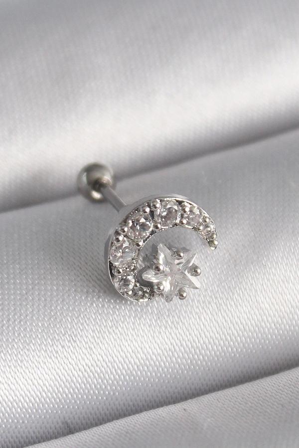316L Çelik Gümüş Renk Zirkon Taşlı Ay Yıldız Tragus Piercing - Image 1