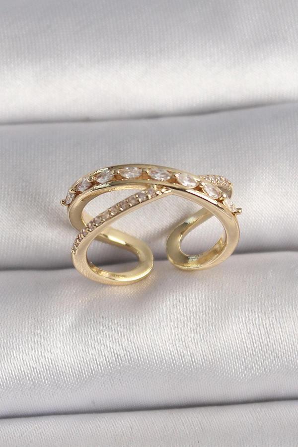Pirinç Gold Renk Zirkon Taşlı Ayarlanabilir Kadın Yüzük - Image 1