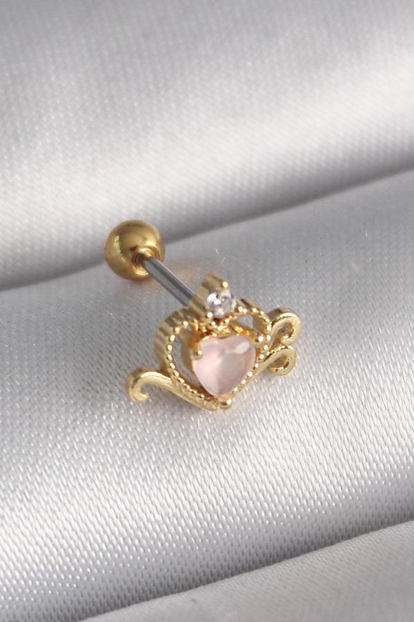 316L Çelik Gold Renk Pembe Mineli Kalp Zirkon Taş Detay Tragus Piercing - Image 1
