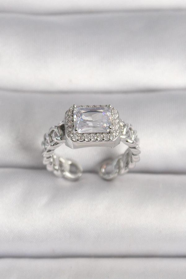 Pirinç Gümüş Renk Ayarlanabilir Zincir Kare Zirkon Taşlı Kadın Yüzük - Image 1