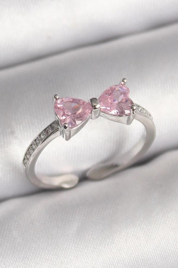 Pirinç Gümüş Renk Pembe Zirkon Taşlı Kalp Fiyonk Model Kadın Yüzük - Image 1