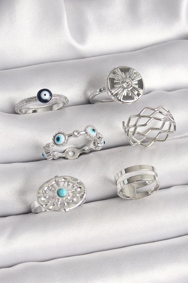 Pirinç Gümüş Renk Nazar Boncuk Zirkon Taş Detaylı Dalga Figür Kadın Yüzük Kombini - Image 1