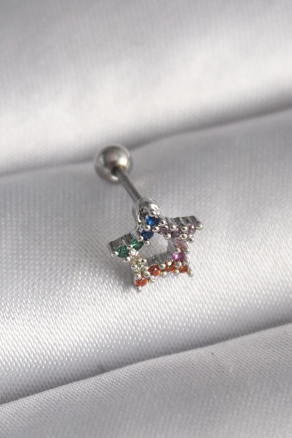 316L Çelik Gümüş Renk Renkli Zirkon Taşlı Yıldız Model Tragus Piercing - Image 1