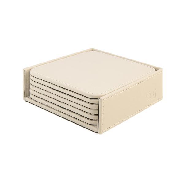 Bardak Altlığı,6’lı Set,Masaüstü Kare Cup Coaster,Vegan Suni Deri,11x11 cm.,Bej - Image 1