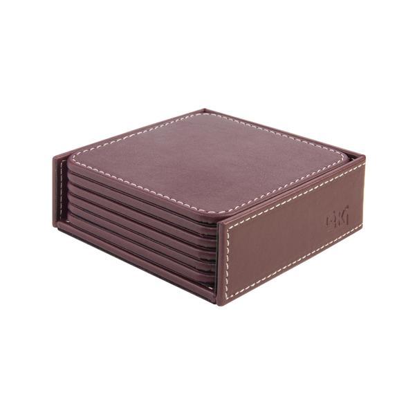 Bardak Altlığı,6’lı Set,Masaüstü Kare Cup Coaster,Vegan Suni Deri,11x11 cm.,Bordo - Image 1