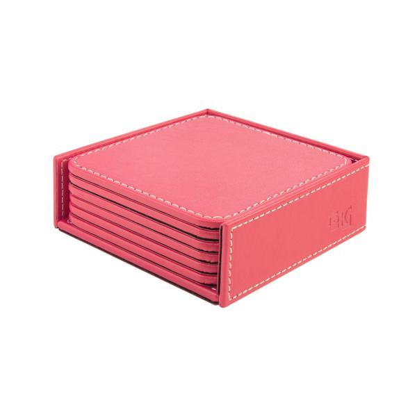 Bardak Altlığı,6’lı Set,Masaüstü Kare Cup Coaster,Vegan Suni Deri,11x11 cm.,Fuşya - Image 1