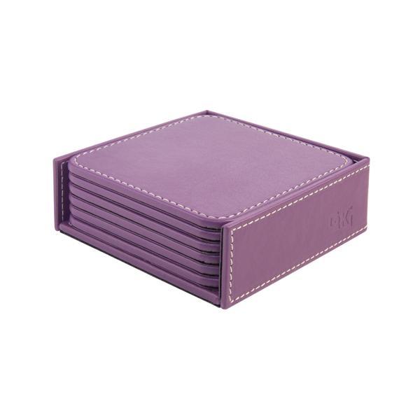 Bardak Altlığı,6’lı Set,Masaüstü Kare Cup Coaster,Vegan Suni Deri,11x11 cm.,Lila - Image 1
