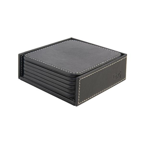 Bardak Altlığı,6’lı Set,Masaüstü Kare Cup Coaster,Vegan Suni Deri,11x11 cm.,Siyah - Image 1