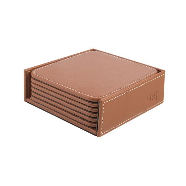 Bardak Altlığı,6’lı Set,Masaüstü Kare Cup Coaster,Vegan Suni Deri,11x11 cm.,Taba - Image 1