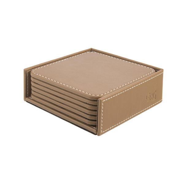 Bardak Altlığı,6’lı Set,Masaüstü Kare Cup Coaster,Vegan Suni Deri,11x11 cm.,Vizon - Image 1