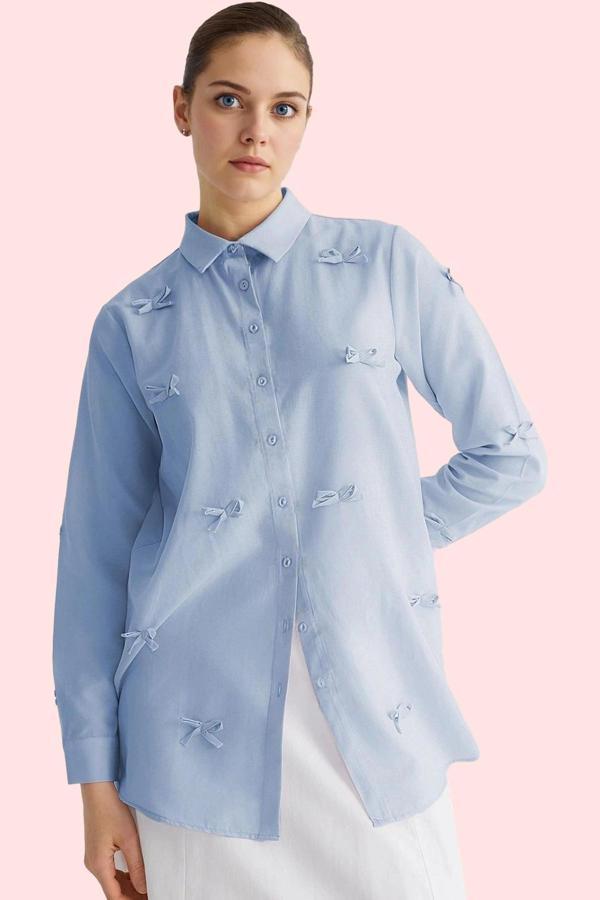 Kadın Fiyonk Detaylı Dokuma Gömlek Rahat Kesim Yaz Aylarının Vazgeçilmezi Günlük Kombinler - Image 1