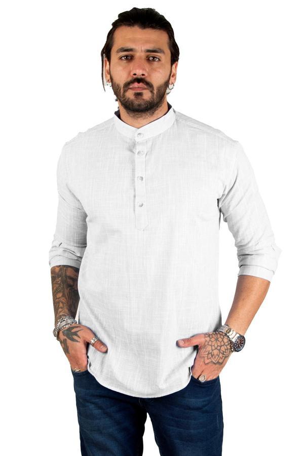 DeepSEA Erkek Gri Yarım Düğmeli Çizgili Hakim Yaka Ham Keten Uzun Kollu Gömlek 2201914 - Image 1