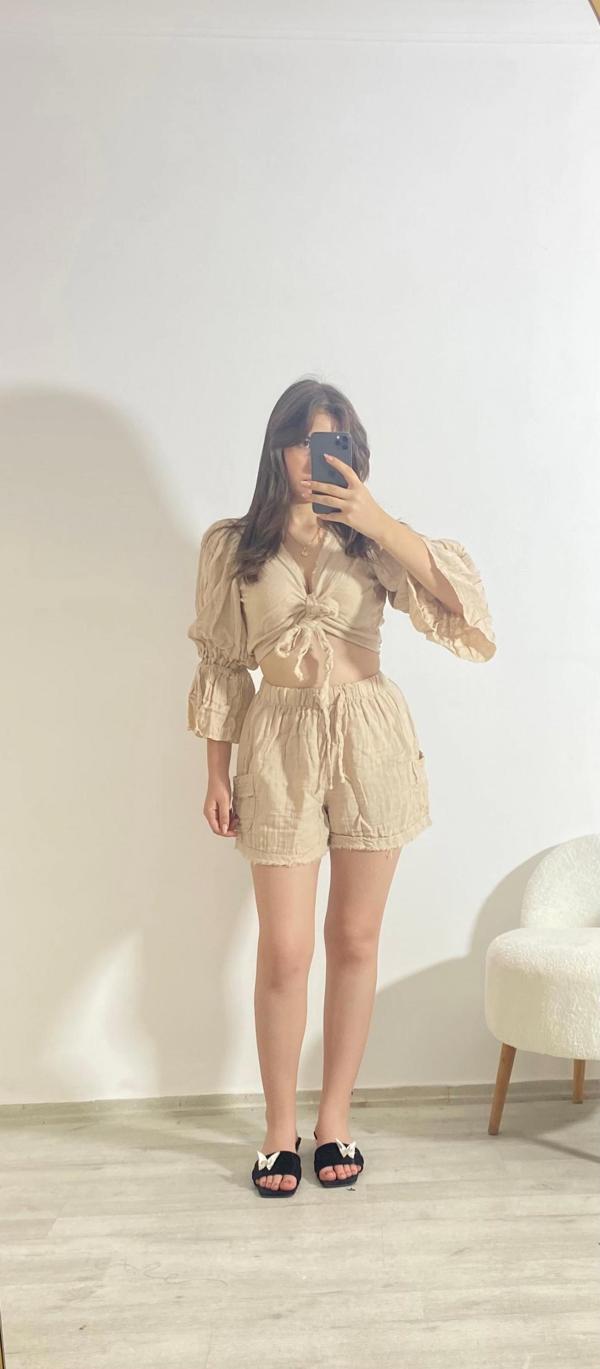 Büzgülü Crop Ve Şort İkili Yazlık Takım Kahve - Image 1
