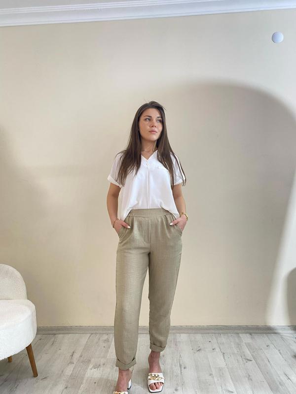 Flamalı Keten Duble Paça Pantolon Taş Rengi - Image 1