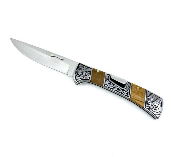 Kaplan İşlemeli Paslanmaz Çelik Katlanabilir Av Bıçağı Zeytin Ağacı Sap 21,5 cm - Image 1