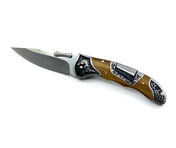 American Mustang At Figürü İşlemeli Katlanır Çakı - Zeytin Ağacı Kabze 20 Cm - Image 1