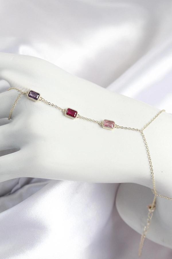 Pirinç Renkli Zirkon Taşlı Dikdörtgen Model Gold Renk Kadın Şahmeran - Image 1