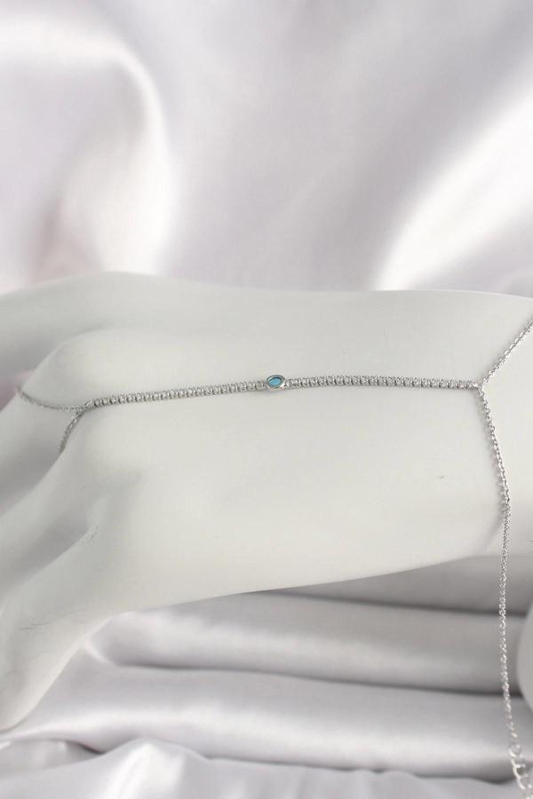 Pirinç Gümüş Renk Su Yolu Zirkon Taşlı Mavi Taş Detaylı Kadın Şahmeran - Image 1