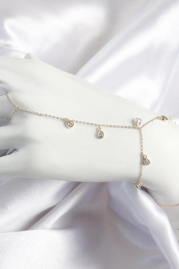 Pirinç Zirkon Taşlı Sallantılı Damla Model Gold Renk Kadın Şahmeran - Image 1