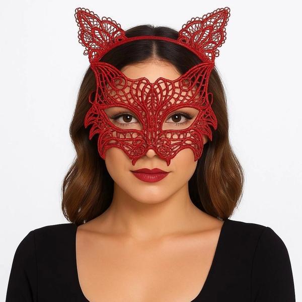 Kırmızı Dantel Kedi Maskesi ve Dantel Taç Seti – Kadın Kostüm Aksesuarı - Image 1