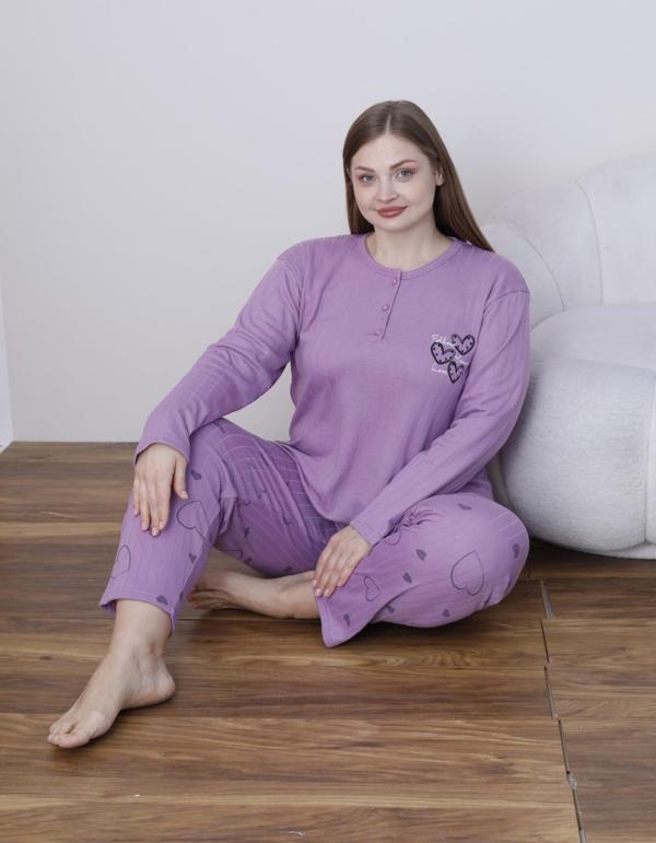 Lindros Kadın Pamuk'lu Düğme Yaka Raporlu İnterlok KIŞLIK Battal Pijama Takımı 05141 - 1 Adet  - Image 1