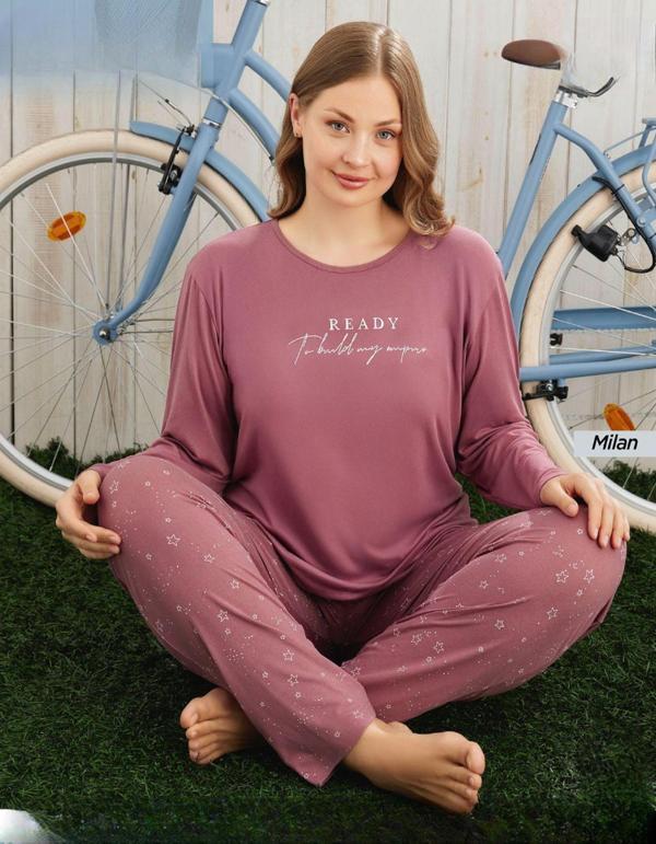 Pijamoni Kadın Milan Büyük Beden Bisiklet Yaka Uzun Kol İnce Pijama Takımı 7666/26 - 1 Adet - Image 1