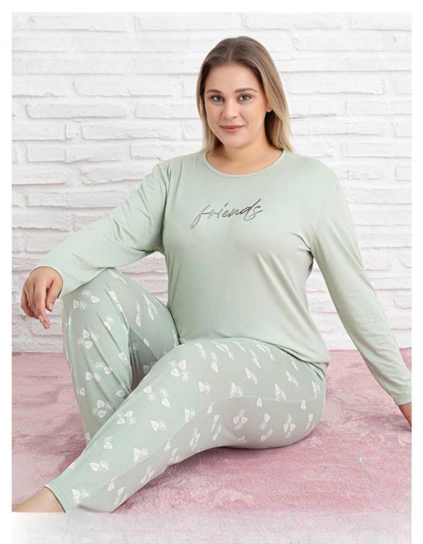 Pijamoni Kadın Milan Büyük Beden Bisiklet Yaka Uzun Kol İnce Pijama Takımı 7666/28 - 1 Adet - Image 1