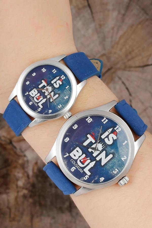 İstanbul Tasarım Lacivert Deri Kordonlu Sevgili Saatleri - Image 1