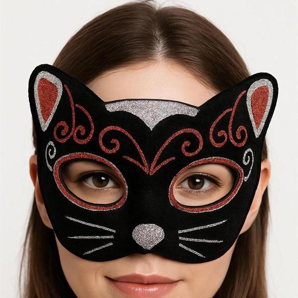 Kadife Dokulu Sim Detaylı Işıltılı Kedi Maskesi Kırmızı Gümüş 20x13 cm - Image 1