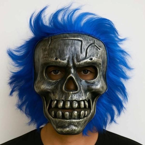 Wild Skull - Gümüş Kafatası Mavi Saçlı İskelet Maske - Image 1