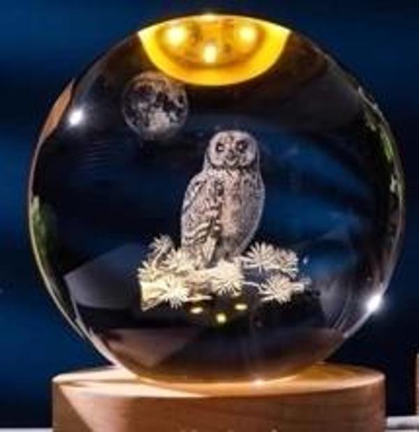 Dekoratif Baykuş Tasarımlı Ahşap Altlıklı Işıklı Cam Küre Büyük Boy 8cm - Image 1