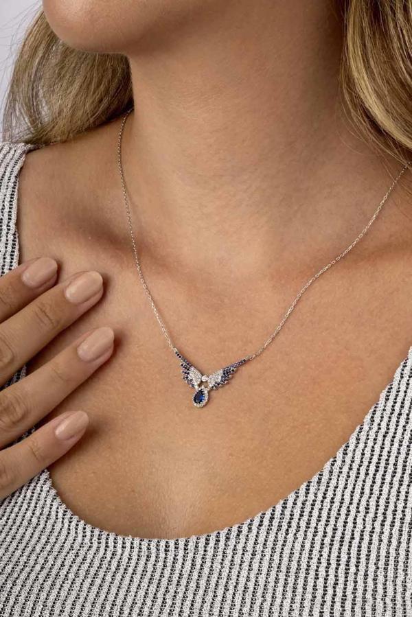 Gümüş Pazarım Lacivert Taşlı  Melek Kanadı 925 Ayar Gümüş Kadın Kolye - Image 1