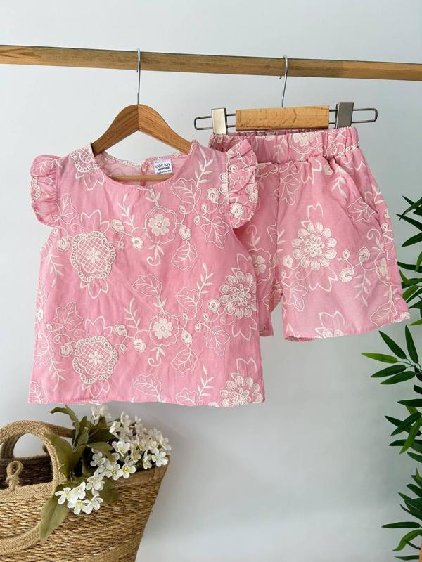 Gök Joy Kız Çocuk Çiçek Desenli Takım – Pembe - Image 1
