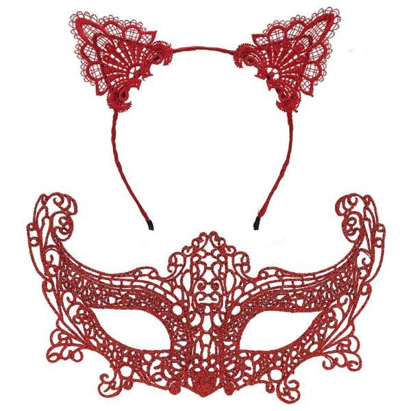 Nessiworld Romantik Kırmızı Dantel Maske Seti – Kedi Kulaklı Taç ve Maske 3 No - Image 1