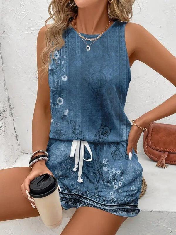 Kadın Askılı Yuvarlak Yaka çiçek Baskılı Süprme Bluz Ve Short Ikili Takım - Image 1