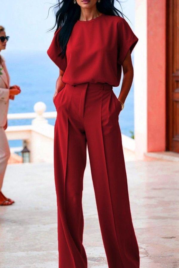 Kadın Kısa Kollu Bisiklet Yaka Bluz Yüksek Bel Cep Detaylı Pantolon Atlas Ikili Takım - Image 1