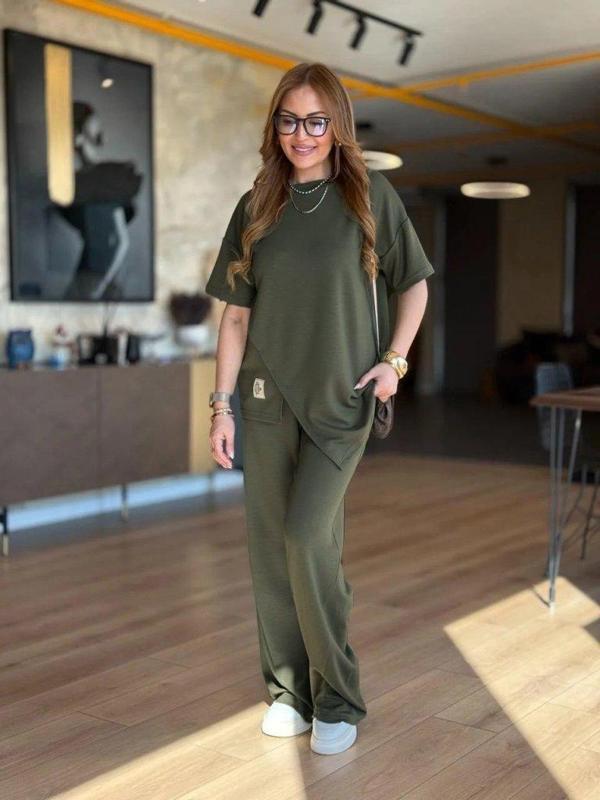 Kadın Kısa Kollu Bisiklet Yaka Asimetrik Viskon Iki Iplik Bluz Ve Pantolon Ikili Takım - Image 1
