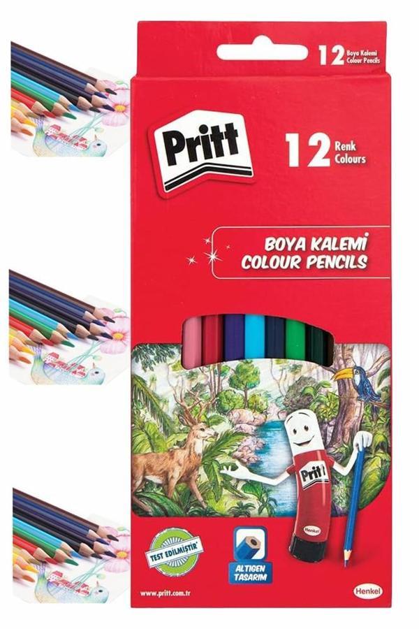 Kuru Boya Kalemi 12 Renk Karton Kutu 1 Paket Pritt 12 li Kuruboya Tam Boy Renkli Kalem Kaliteli Yumuşak Uçlu Canlı Renk - Image 1