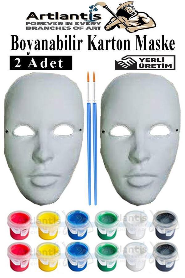 Maske Boyama 2 li 1 Paket Boyanabilir Karton Maske Lastikli İnsan Yüzü Suratı Yerli Üretim Fırça Akrilik Boya 6 Renk - Image 1