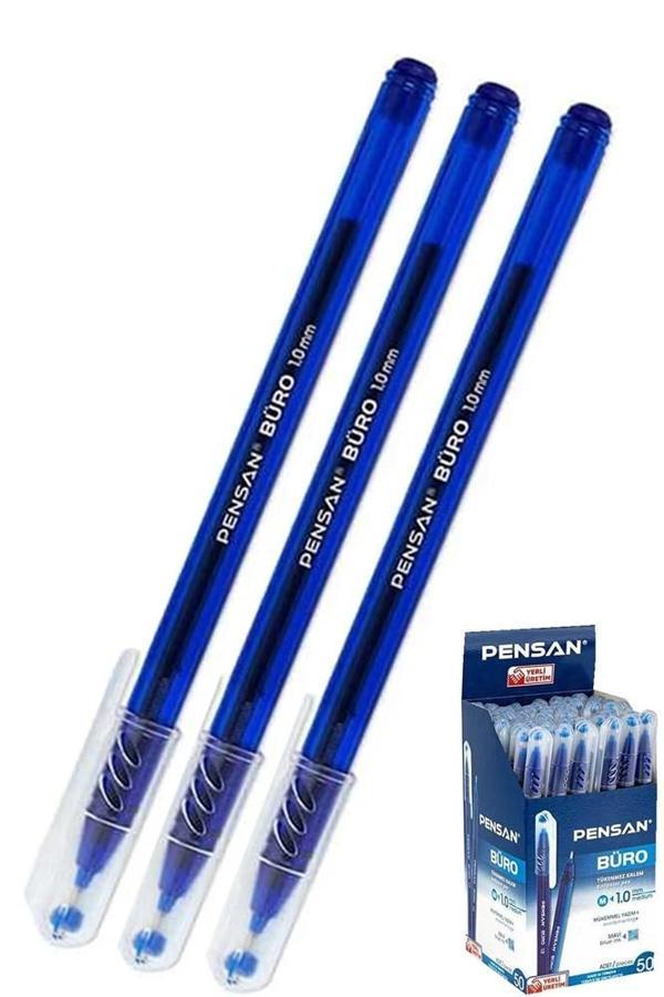 Mavi Tükenmez Kalem 1.0mm 3 Adet Pensan Büro Tipi Ballpoint Büro Plastik Kapaklı Tükenmez Kalem  - Image 1