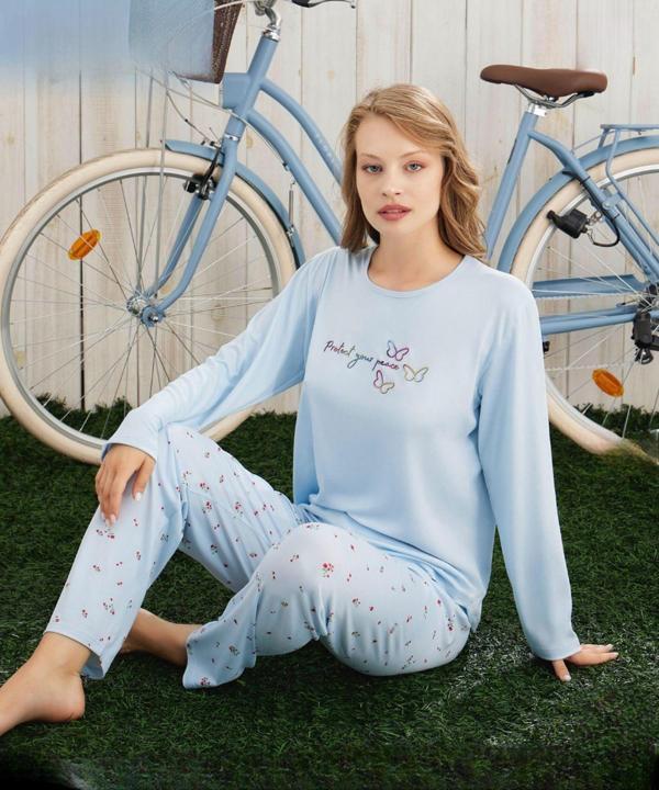 Pijamoni Kadın Milan Bisiklet Yaka Uzun Kol İnce Pijama Takımı 7600/25 - 1 Adet - Image 1