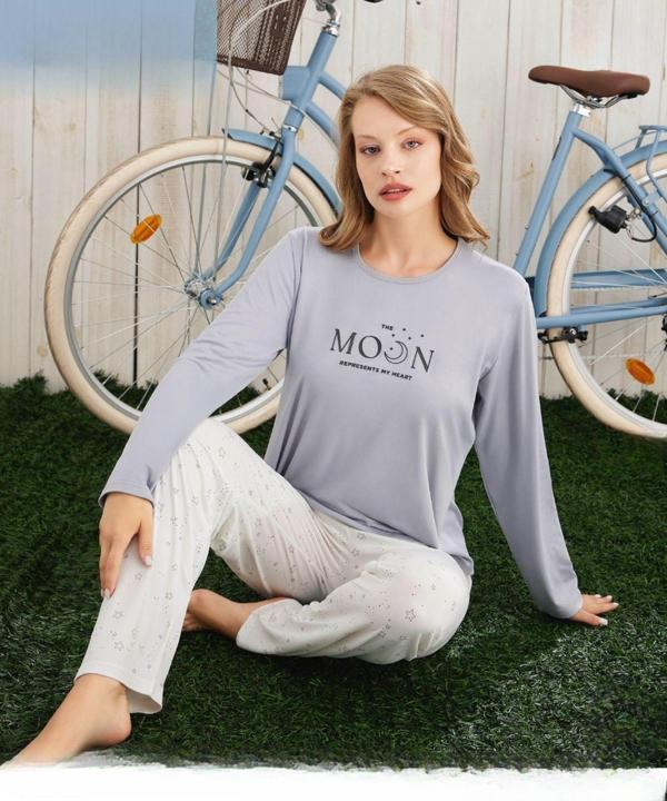 Pijamoni Kadın Milan Bisiklet Yaka Uzun Kol İnce Pijama Takımı 7600/24 - 1 Adet - Image 1