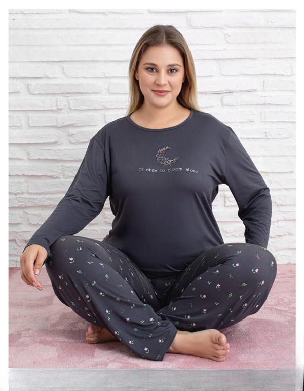 Pijamoni Kadın Milan Büyük Beden Bisiklet Yaka Uzun Kol İnce Pijama Takımı 7666/30 - 1 Adet - Image 1